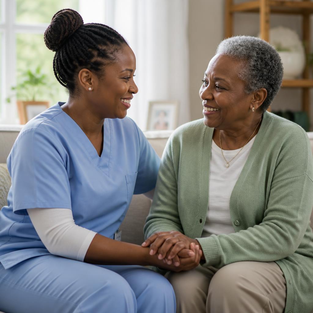 A Black caregiver in soft blue scrubs warmly holds the hand of a smiling elderly Black woman in a sage cardigan