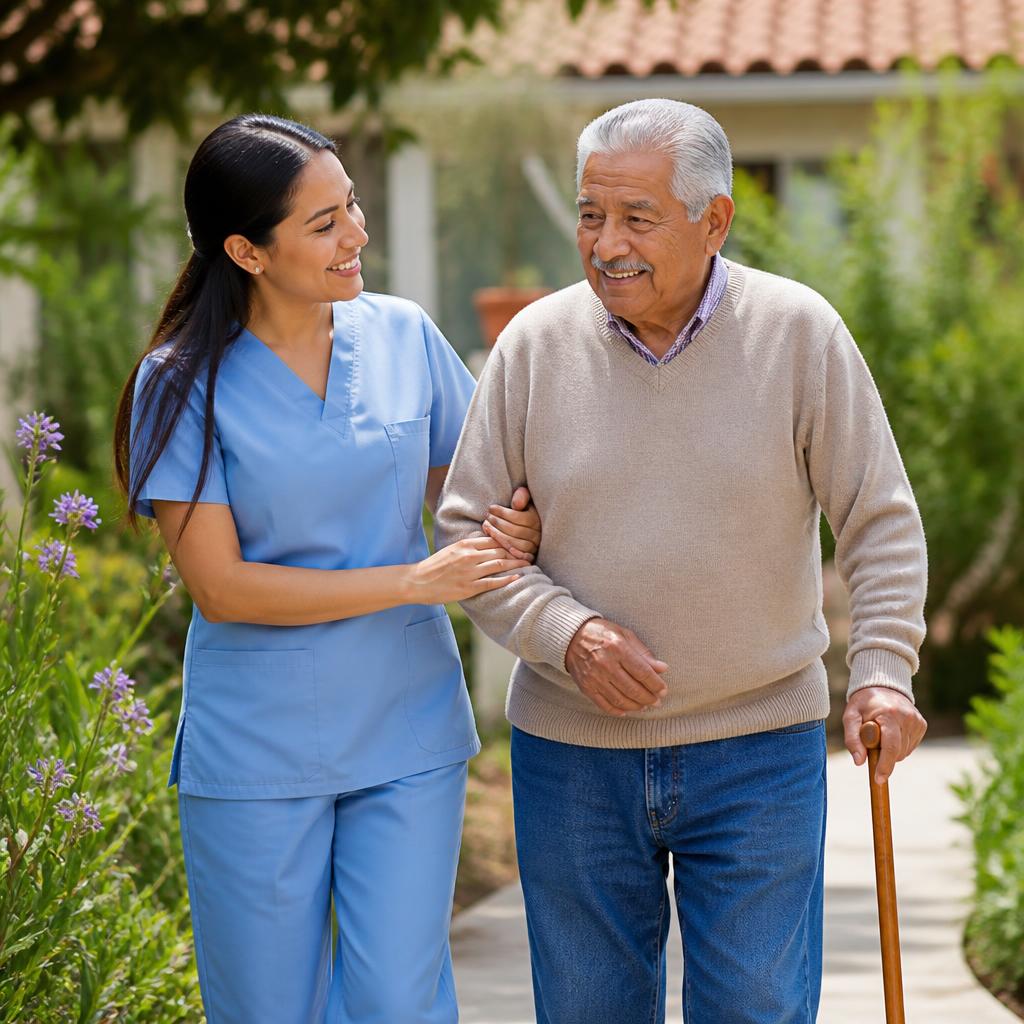 A Latina caregiver in pastel blue gently helps an elderly Latino man with a cane walk through a sunlit garden