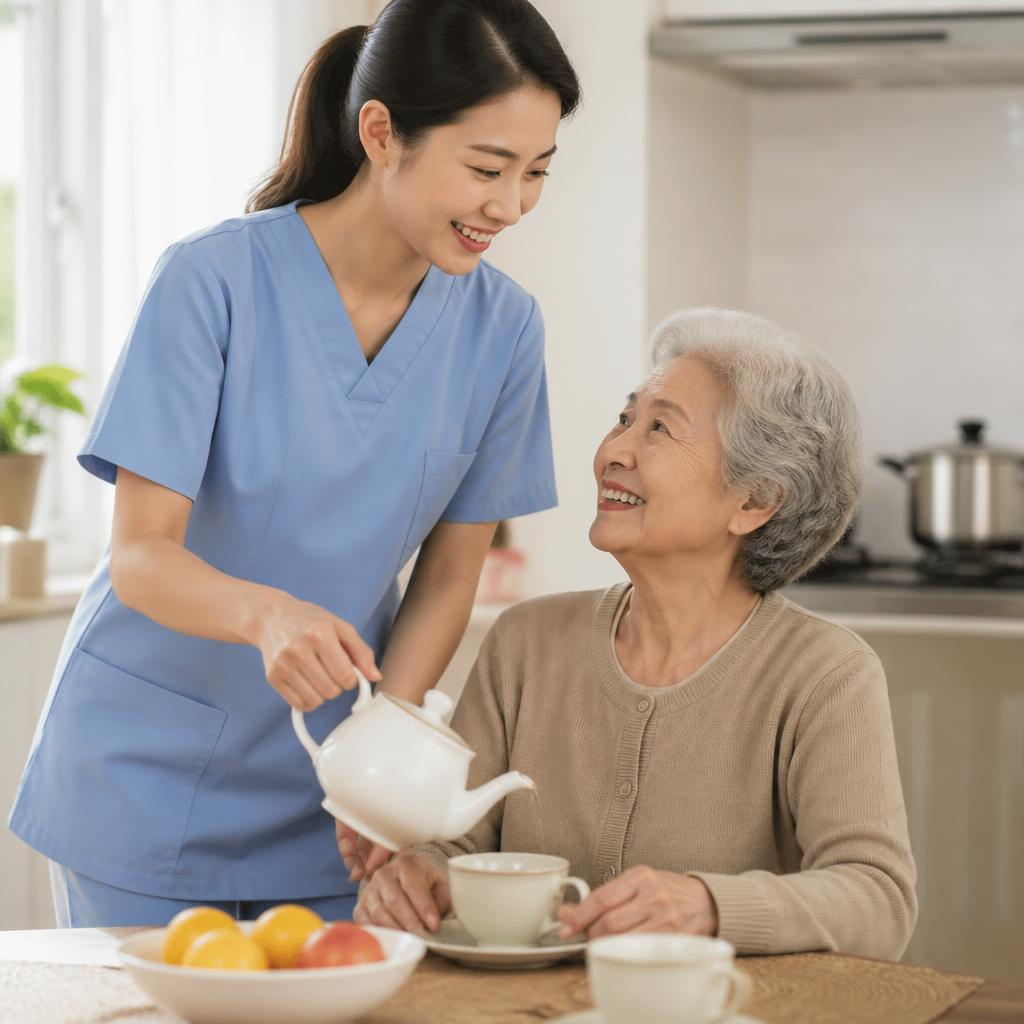 An East Asian caregiver in soft blue serves tea to a smiling elderly East Asian woman at a cozy kitchen table