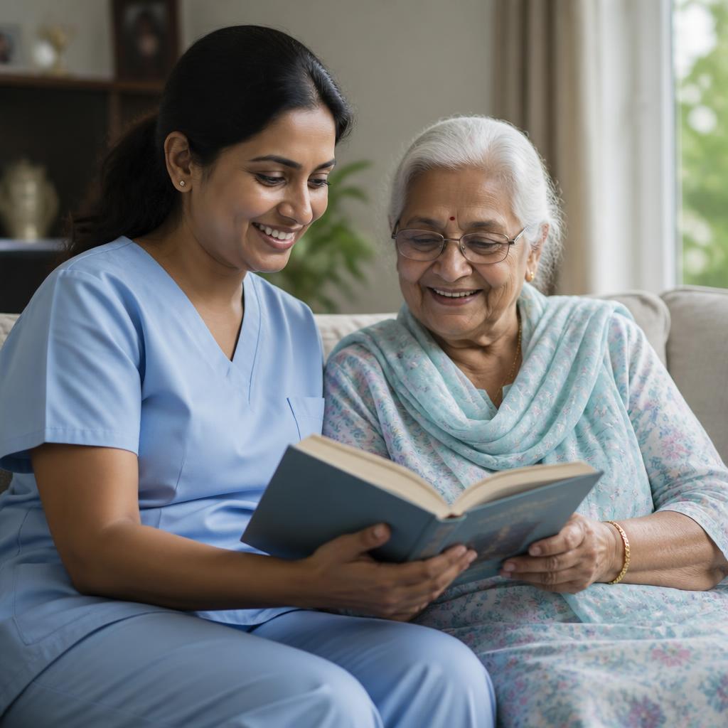A South Asian caregiver in pastel blue reads a book on the sofa with a smiling elderly grandmother